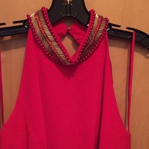 Orangey red color silk dress with gold beading